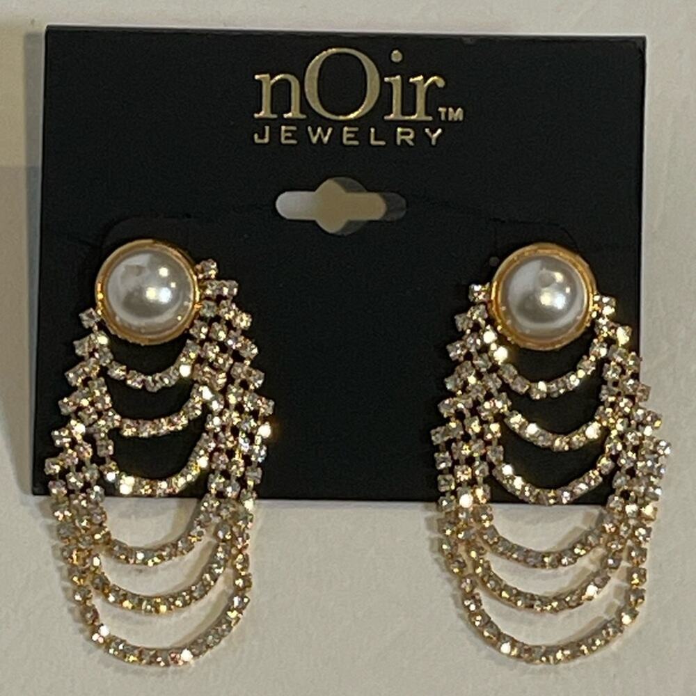 nOir Jewelry. New WO Tags. Pearl & Crystal Earrings in Gold Setting. Pierced.